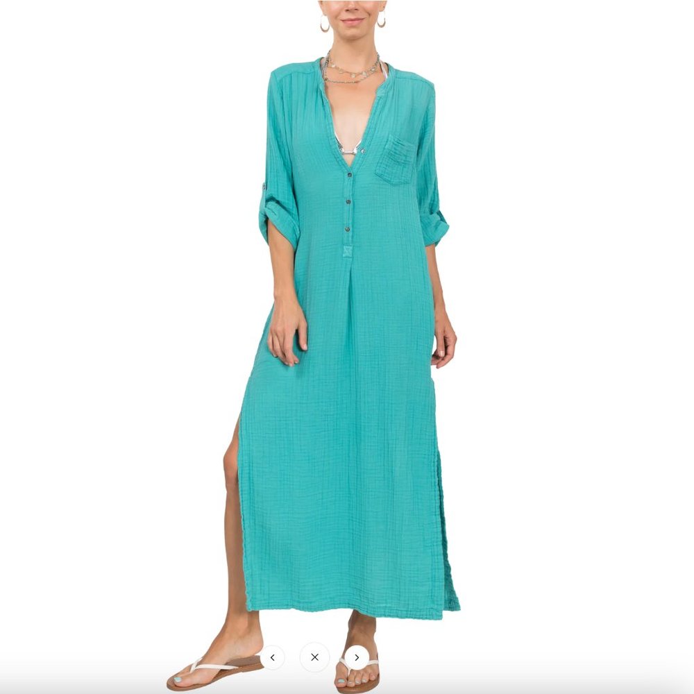 Everyday Ritual Tracey Caftan - Turquoise Cotton Bubble Gauze
